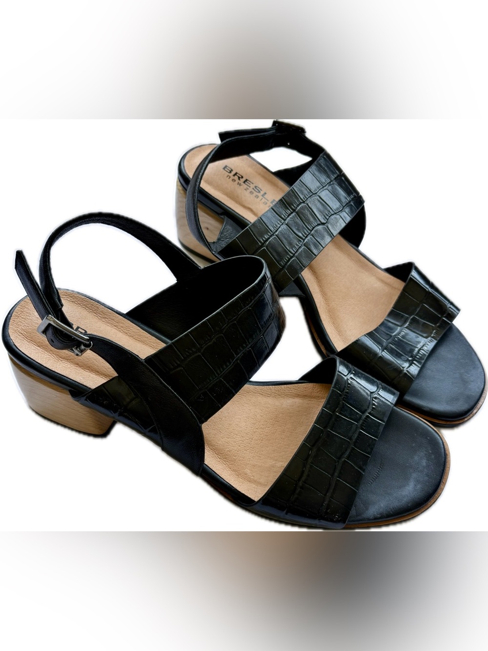 Bresley Pozzie Black Croc-Embossed Leather Slingback Sandals